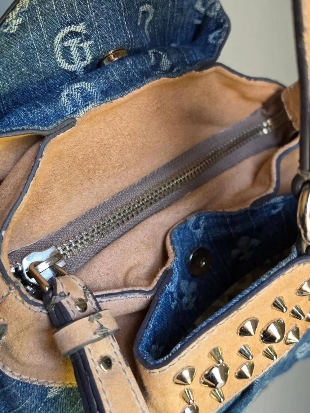 GUESS Blue Monogram Denim & Tan Studded Purse